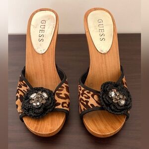 Guess Leopard Print Wedge Mules with Black Embellished Flower